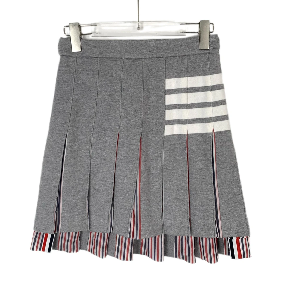 95新 THOMBROWNE 016979经典四杠灰色棉质百褶半身裙短裙 36码