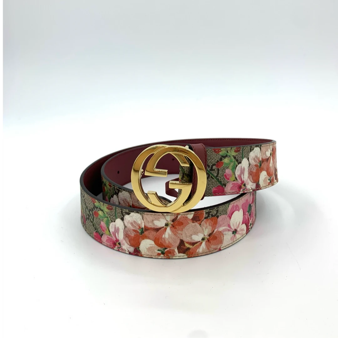 95新 GUCCI/古驰  015937  logo天竺葵花卉印花腰带皮带 105*40