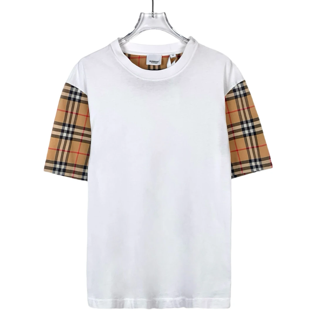 95新 BURBERRY/博柏利 016973 格纹拼接设计圆领白色短袖T恤 XS码