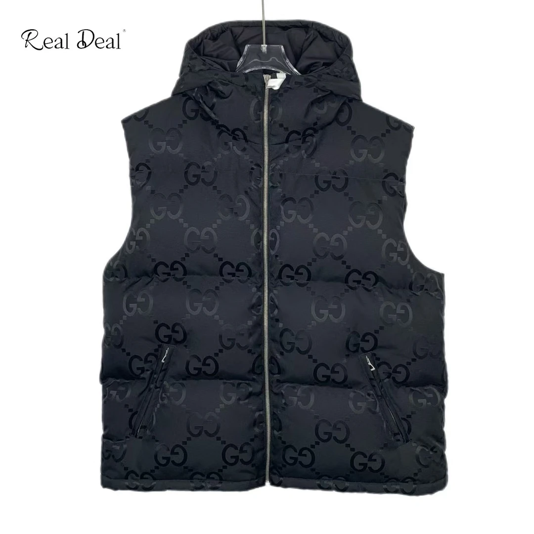 99新 GUCCI/古驰 019116 双G满印黑色羽绒拉链马甲外套 50 L码