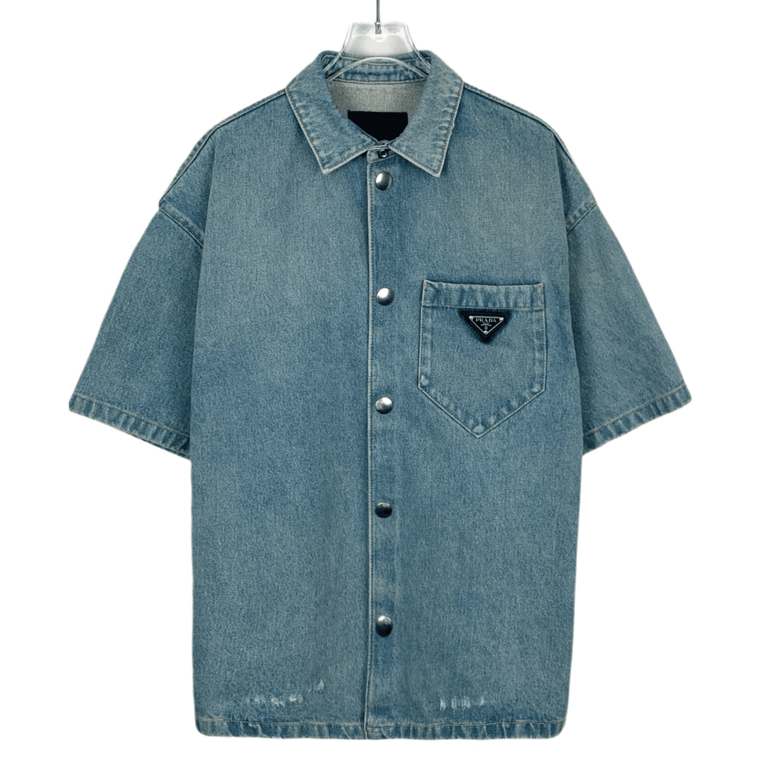 99新 Prada/普拉达 016471 logo三角标翻领蓝色水洗短袖衬衫 M码