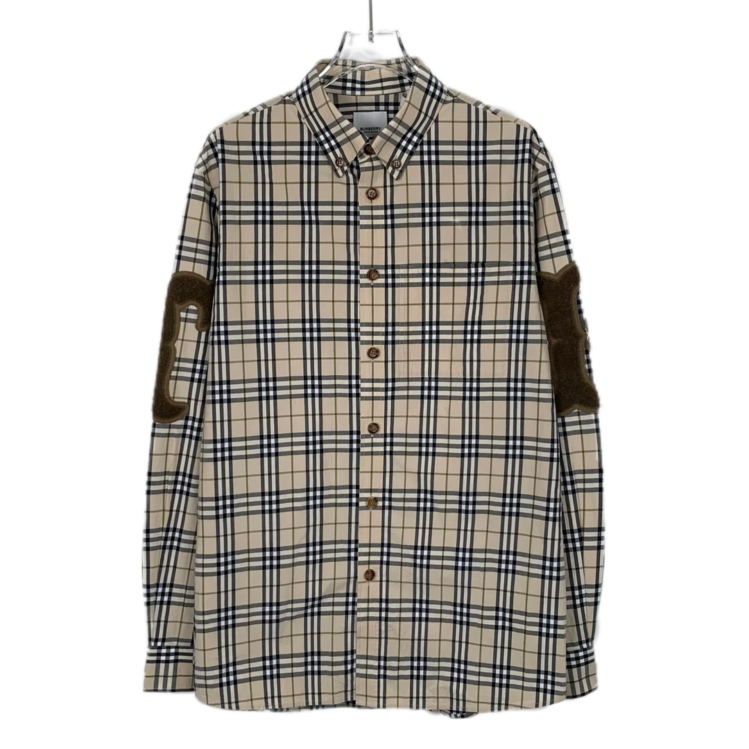 95新 BURBERRY/博柏利 013489 植绒logo格纹黄褐色府绸衬衫 S码