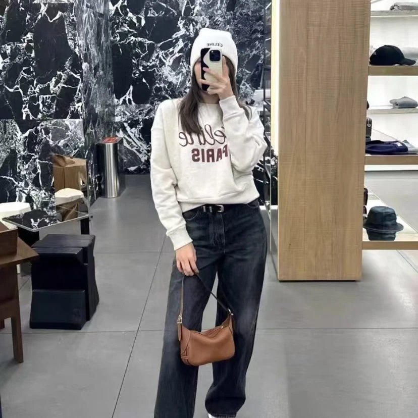 99新 Celine/思琳 X11649  白色logo印花棉质圆领长袖卫衣 L码