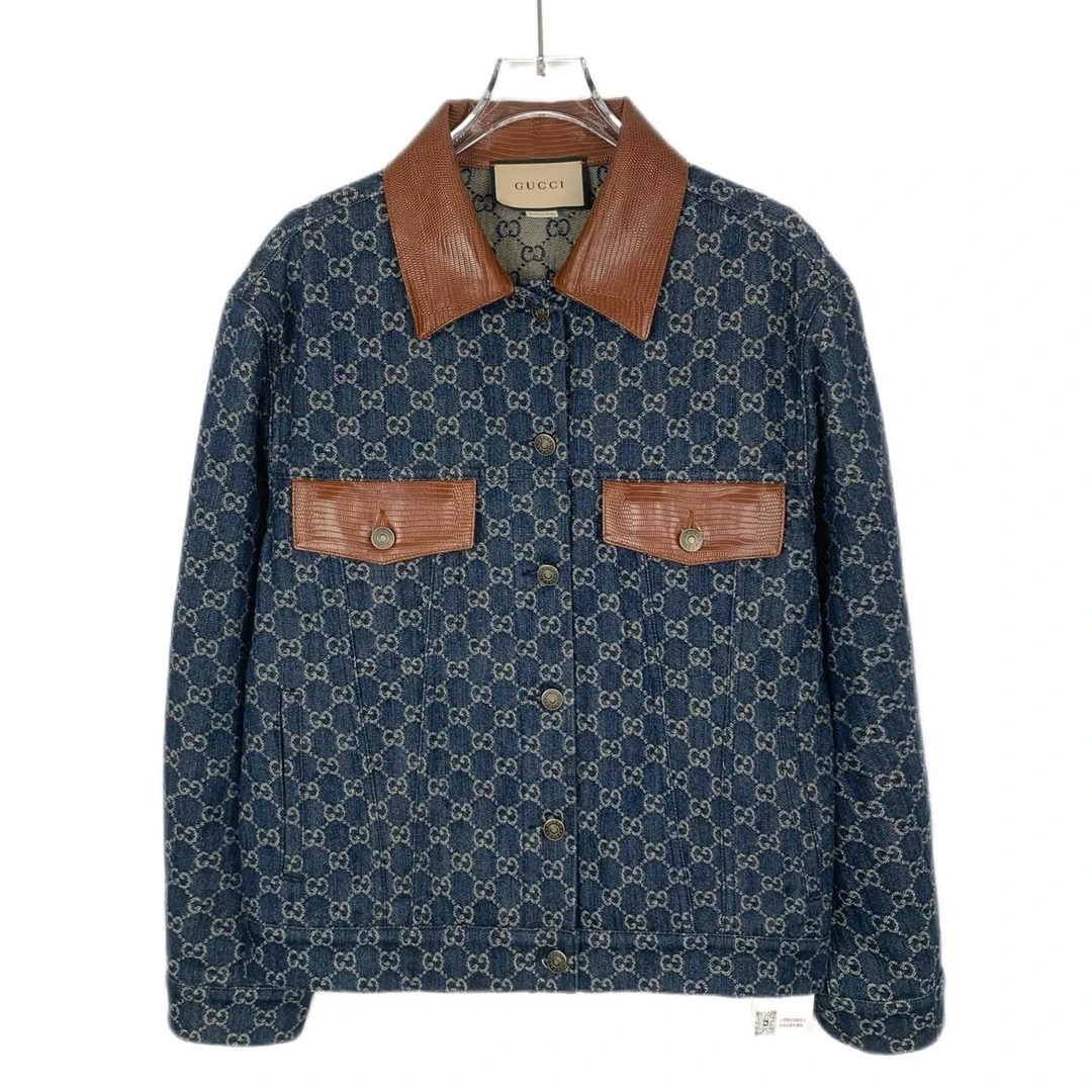 99新 GUCCI/古驰 015624 双G满印蓝色棉质牛仔外套 S码