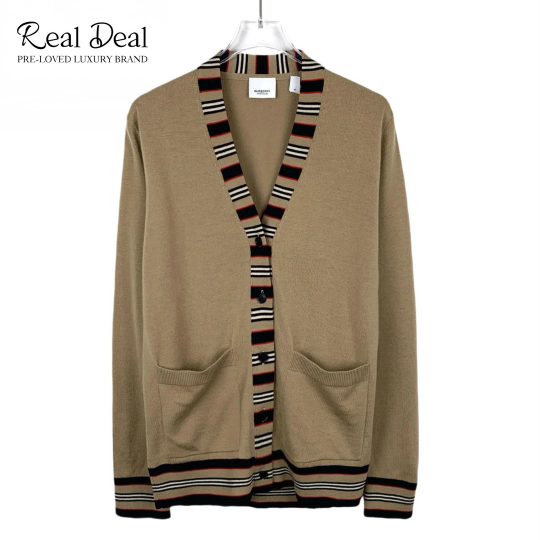 99新 BURBERRY/博柏利 018141 棕色条纹拼接开衫外套 M码