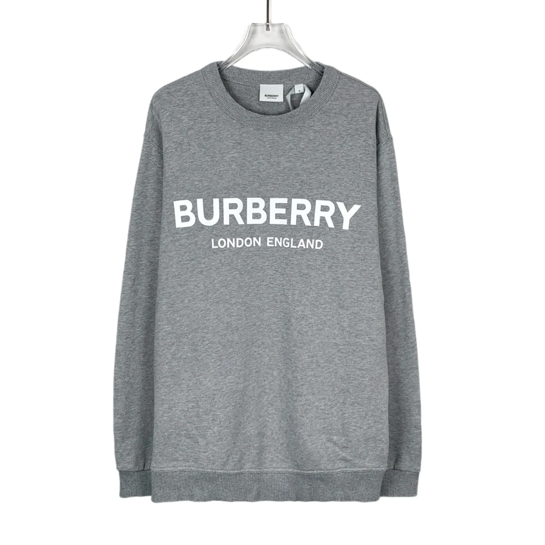 95新 BURBERRY/博柏利 013461 logo印花圆领灰色棉质长袖卫衣 M码