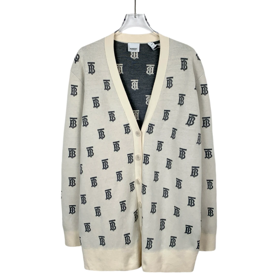 95新 BURBERRY/博柏利 018078 米色logo字母满印V领长袖羊毛外套