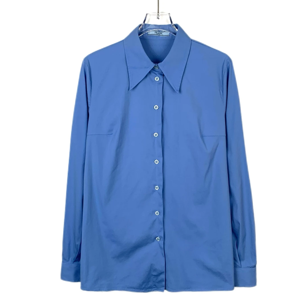 99新 Prada/普拉达 015896  蓝色棉质翻领长袖衬衫 42码