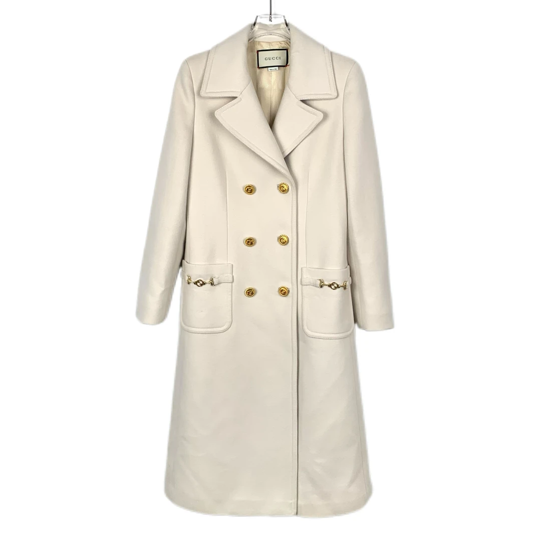 95新 GUCCI/古驰 015506 logo扣饰翻领米白色羊毛呢子大衣 XS码