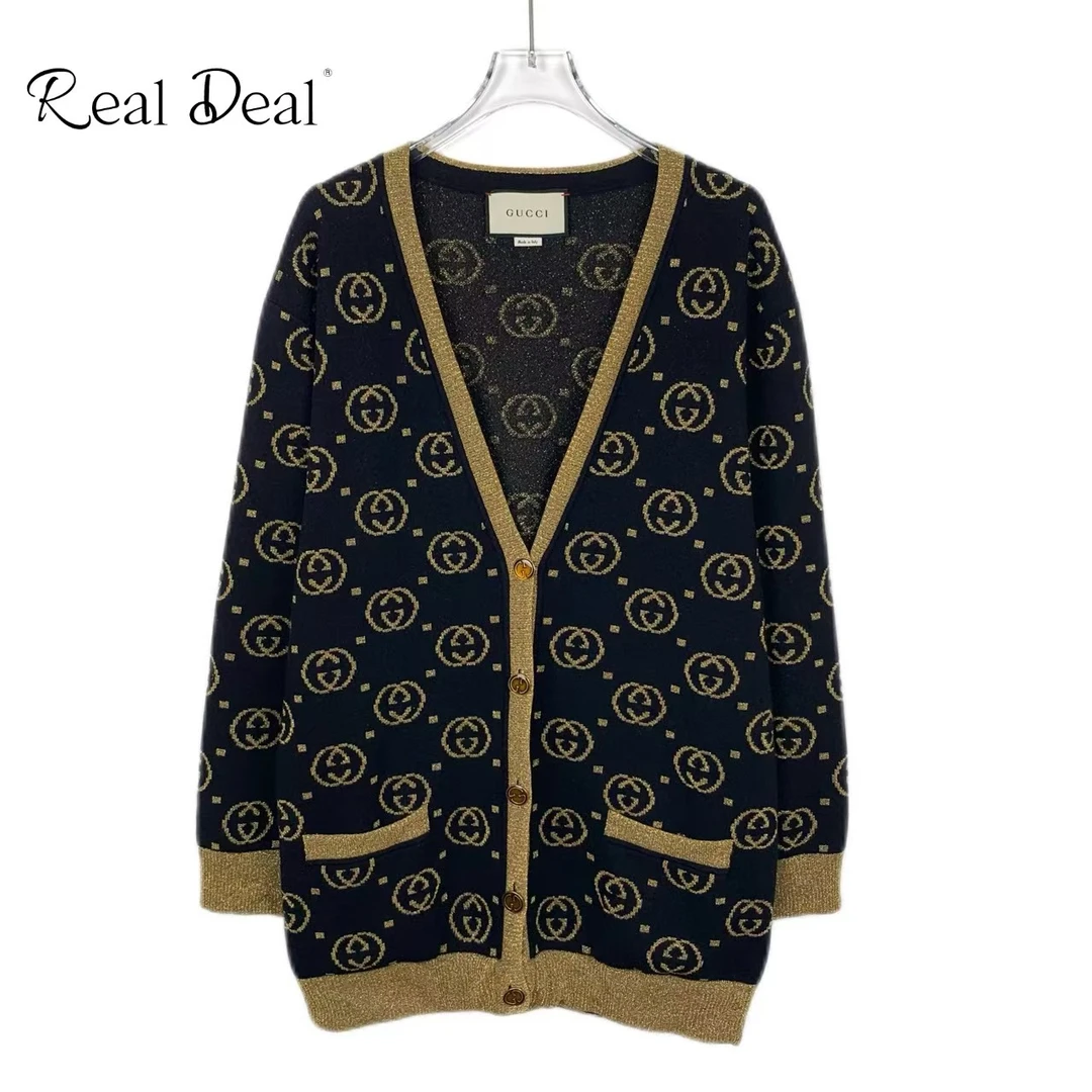 99新 GUCCI/古驰 019150 金线双G满印V领拼色羊毛针织开衫 M码