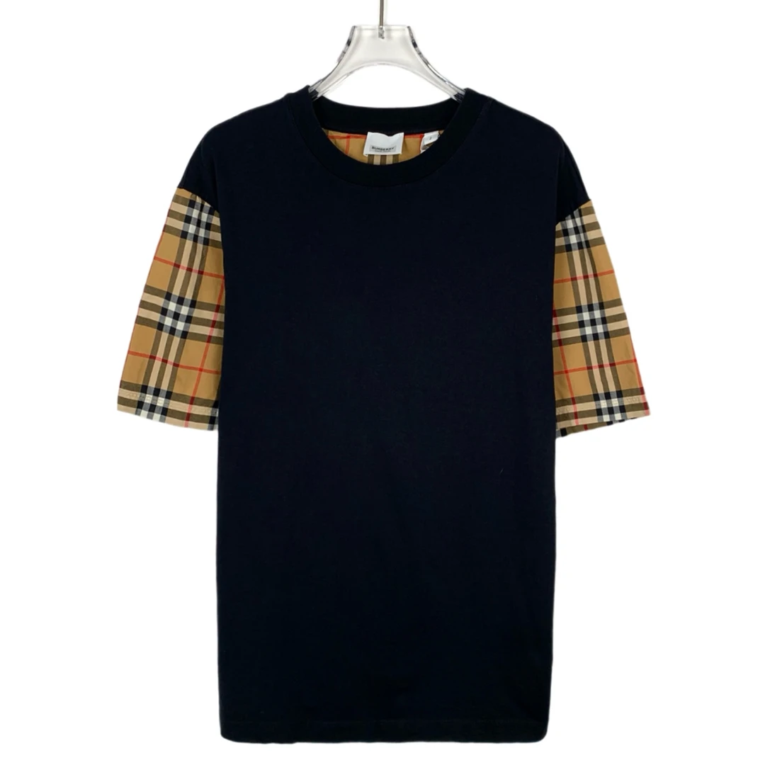 99新 BURBERRY/博柏利 015630 格纹拼接设计圆领黑色短袖T恤 S码