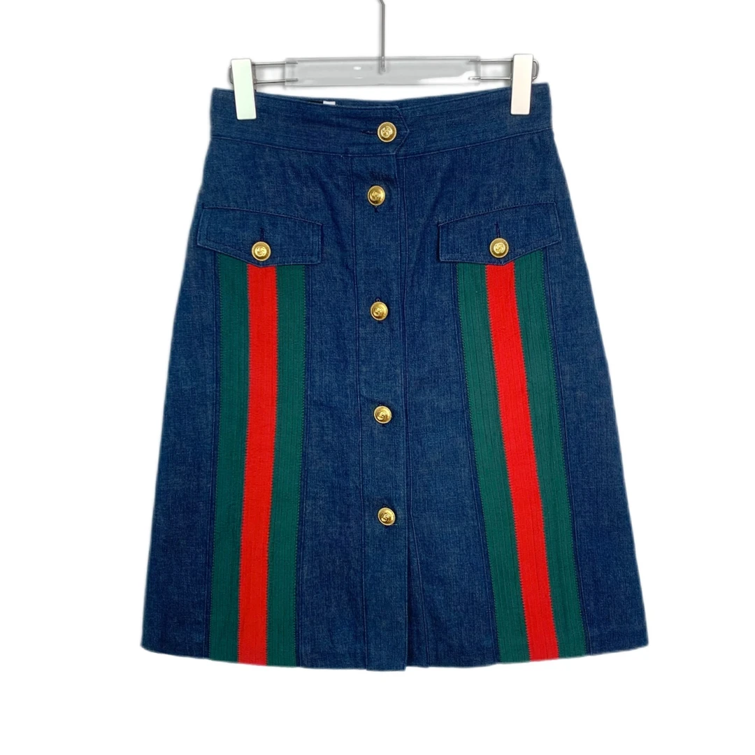 99新 0008618 Gucci/古驰 红绿织带牛仔短A字裙 40码