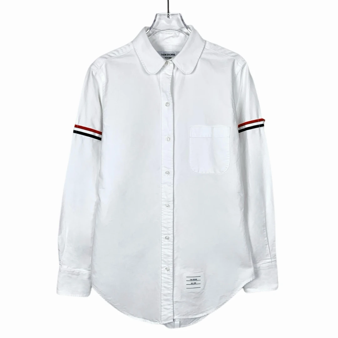 99新 THOMBROWNE 015628 经典双袖标翻领白色棉质长袖衬衫 42码