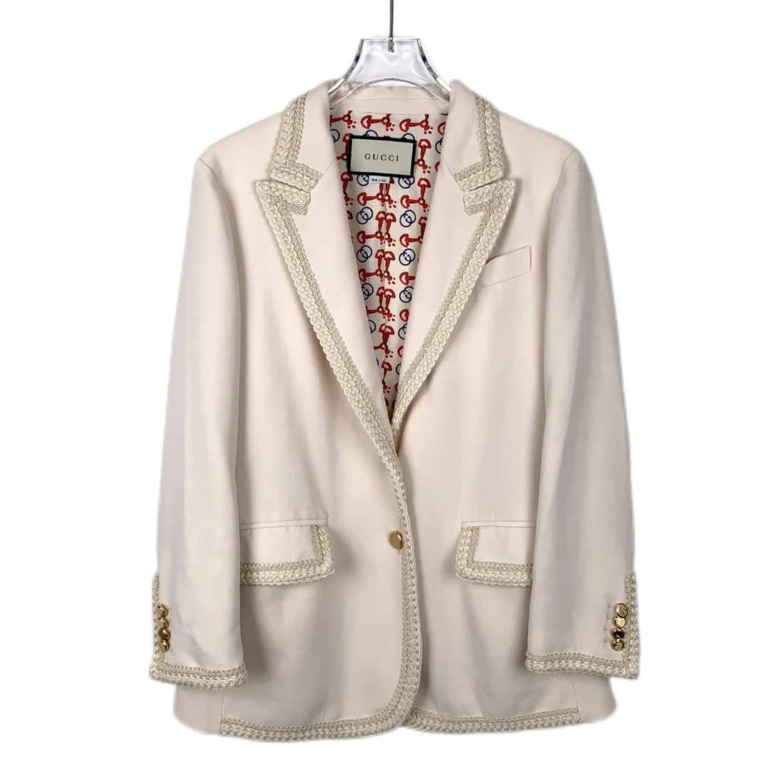95新 GUCCI/古驰 013651 金币扣饰麻辫桑蚕丝混纺西装外套 S码
