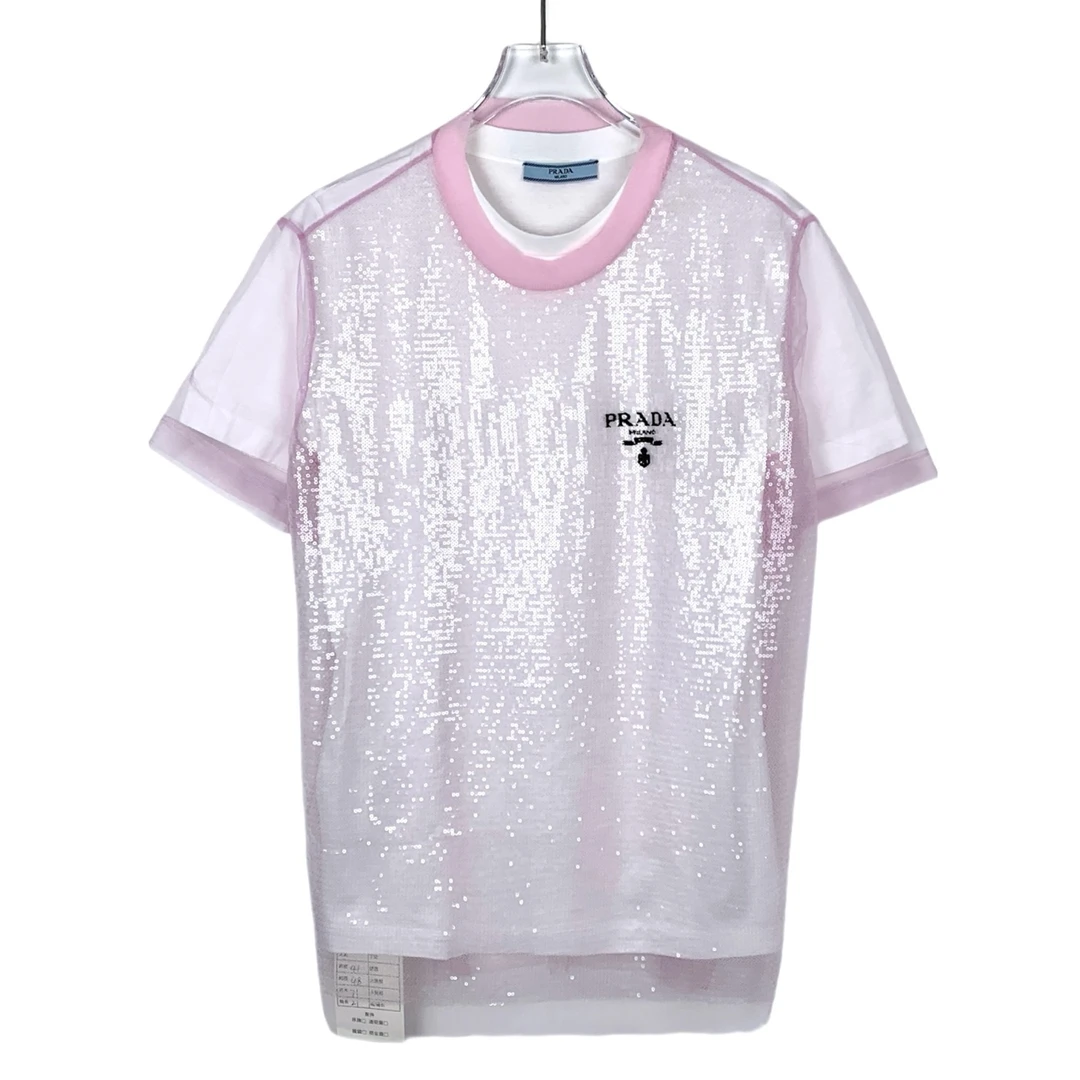 99新 Prada/普拉达 014554 logo字母粉色亮片假两件圆领短袖 S码