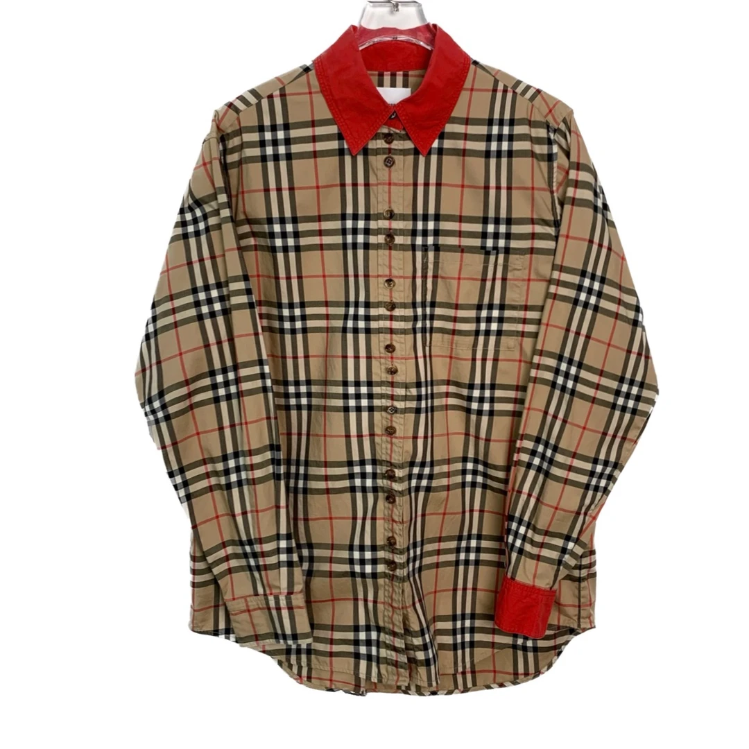 99新  006488 Burberry/博柏利 格纹红色翻领长袖衬衫 36码