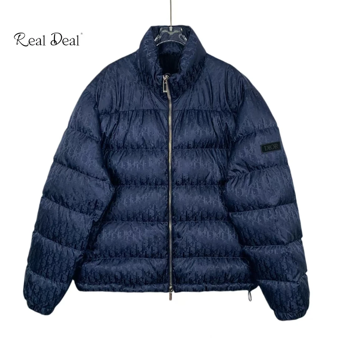 99新 DIOR/迪奥 XF009 l老花满印立领深蓝色羽绒服拉链外套 XXL码