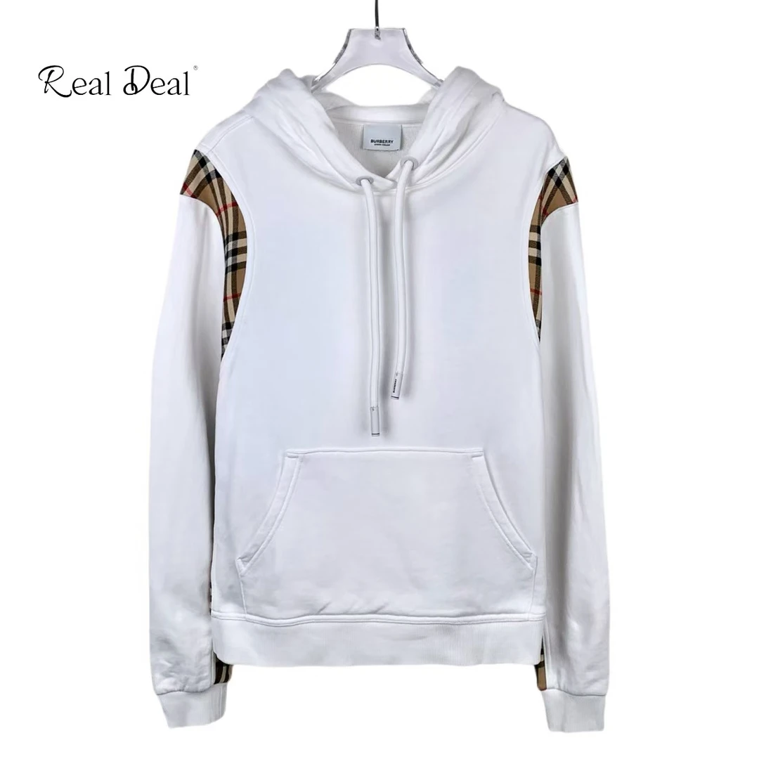 95新 BURBERRY/博柏利 013200 格纹拼接白色连帽长袖卫衣 S码