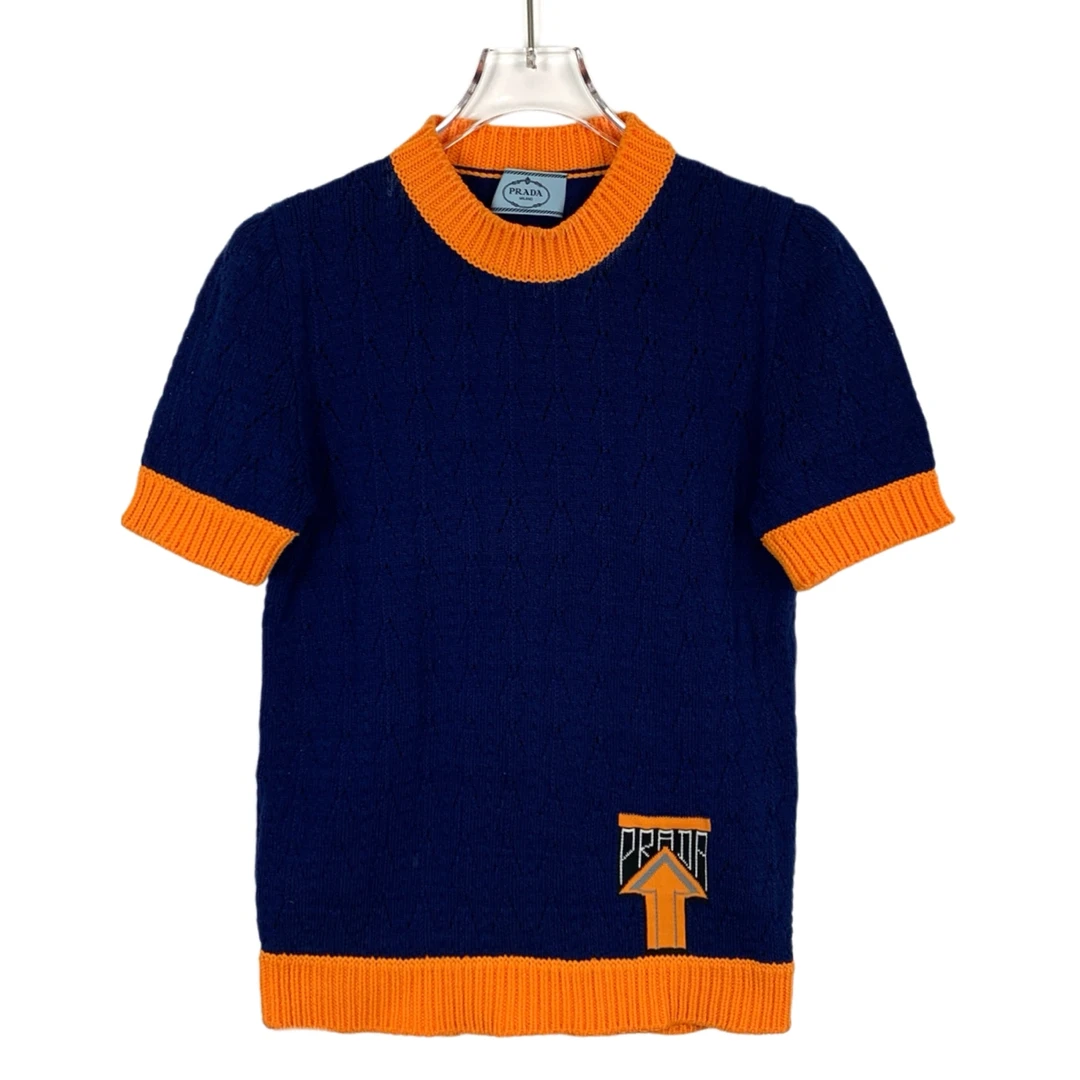 99新 Prada/普拉达 014678 logo字母嵌花圆领拼色针织短袖 M码