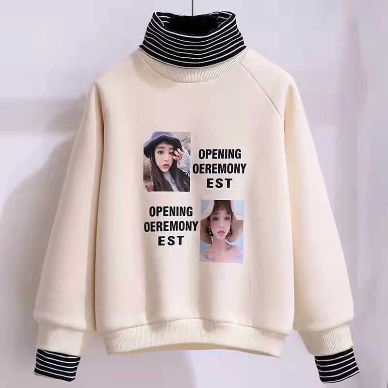 女童卫衣新款假两件秋冬加绒加厚学生一体绒上衣女孩高领保暖洋气