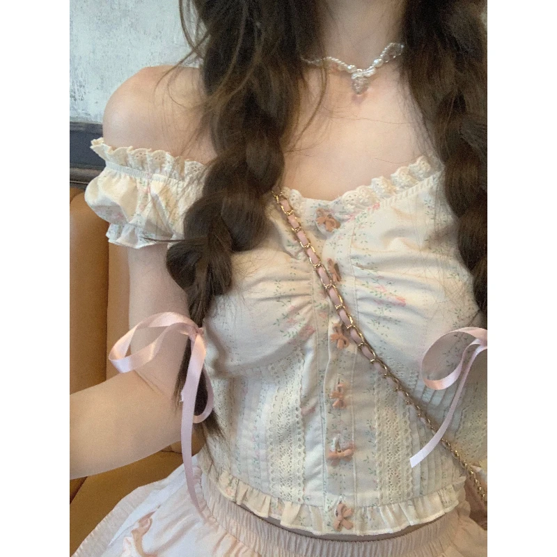 THE TURE 原创小甜花上衣夏季显瘦短款甜美碎花花边纯欲风短袖女