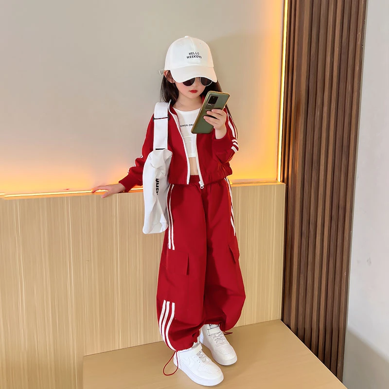 女童春秋套装美式2024新款休闲中大童运动工装裤两件套时髦洋气潮