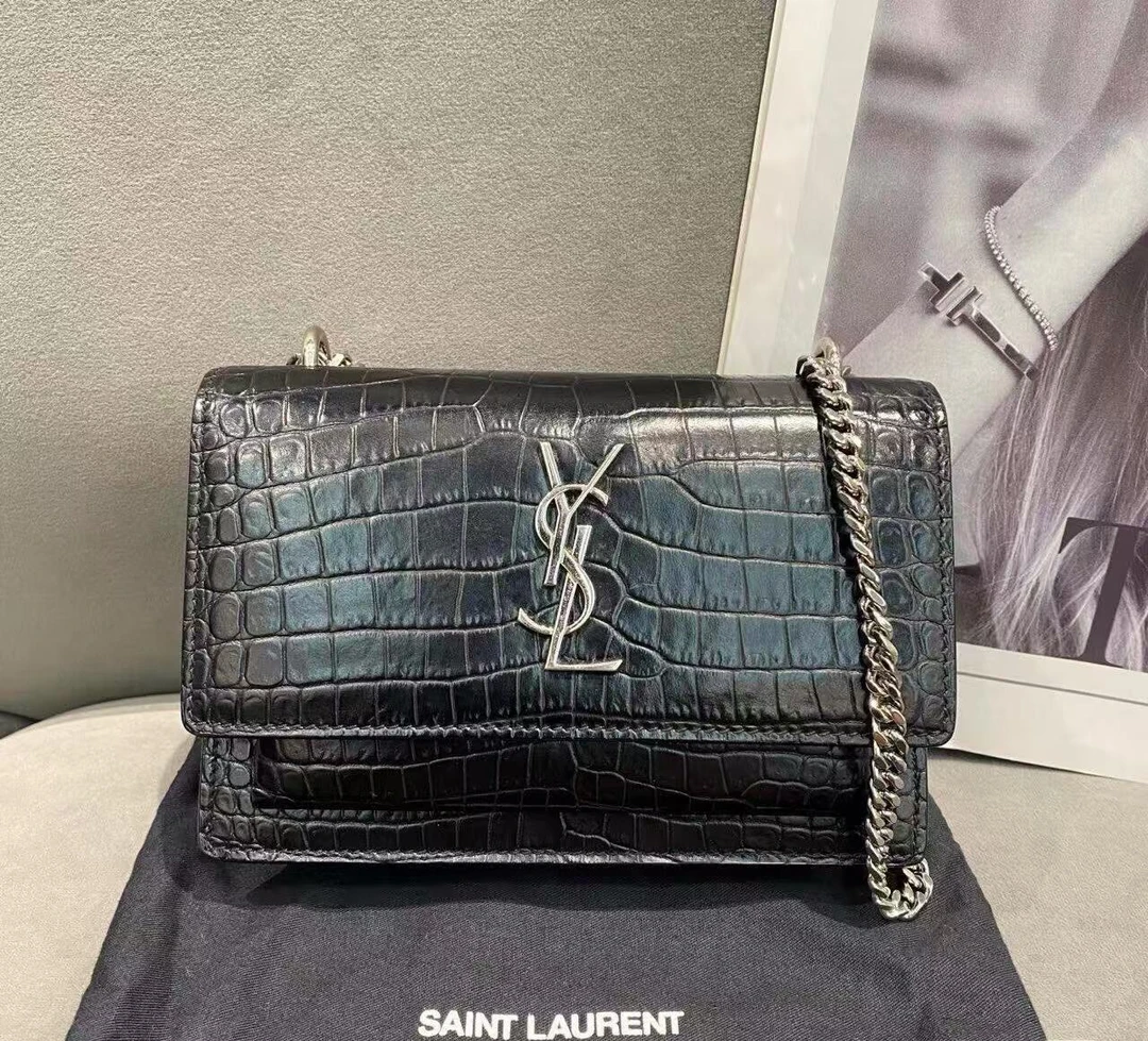 95新 YSL/圣罗兰 ysl日落中号黑银鳄压包/优品