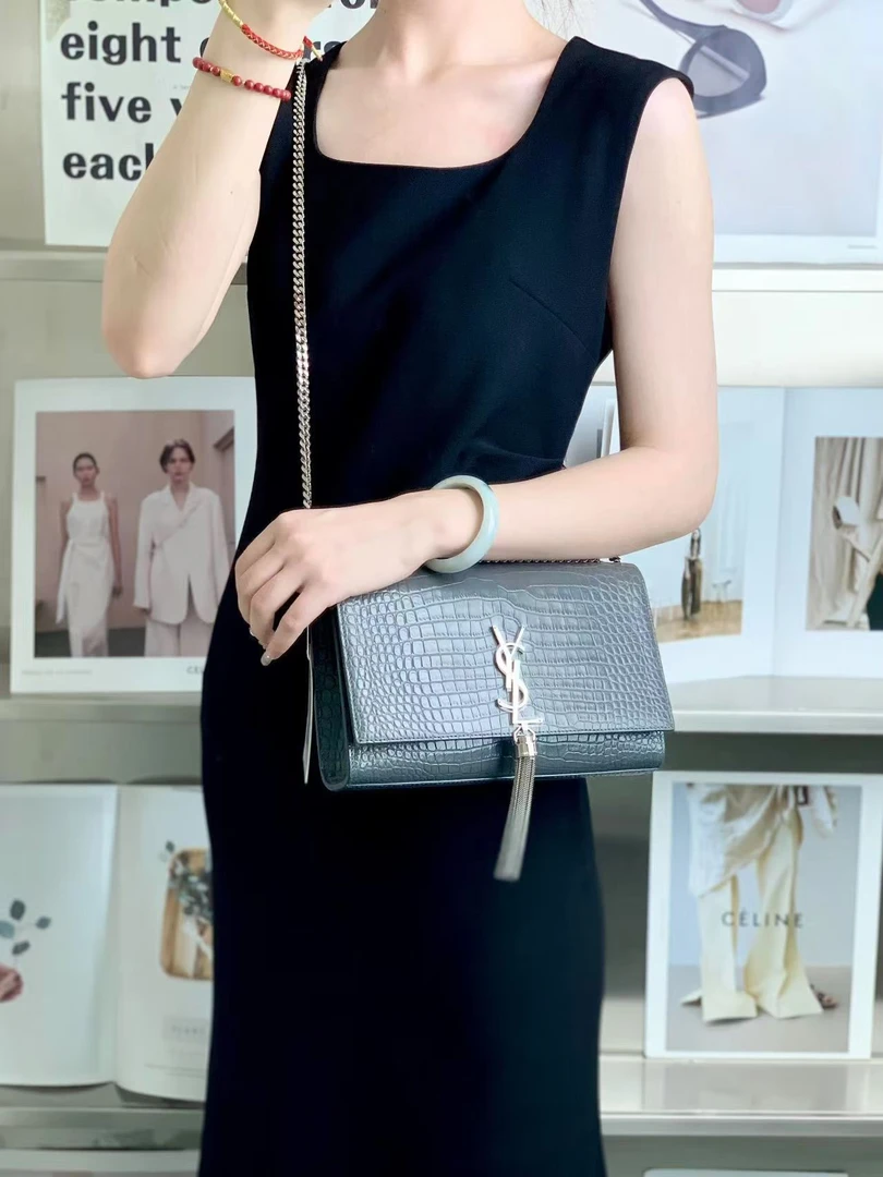 99新 YSL/圣罗兰 ysl流苏中号灰银鳄压包/无公价/优品