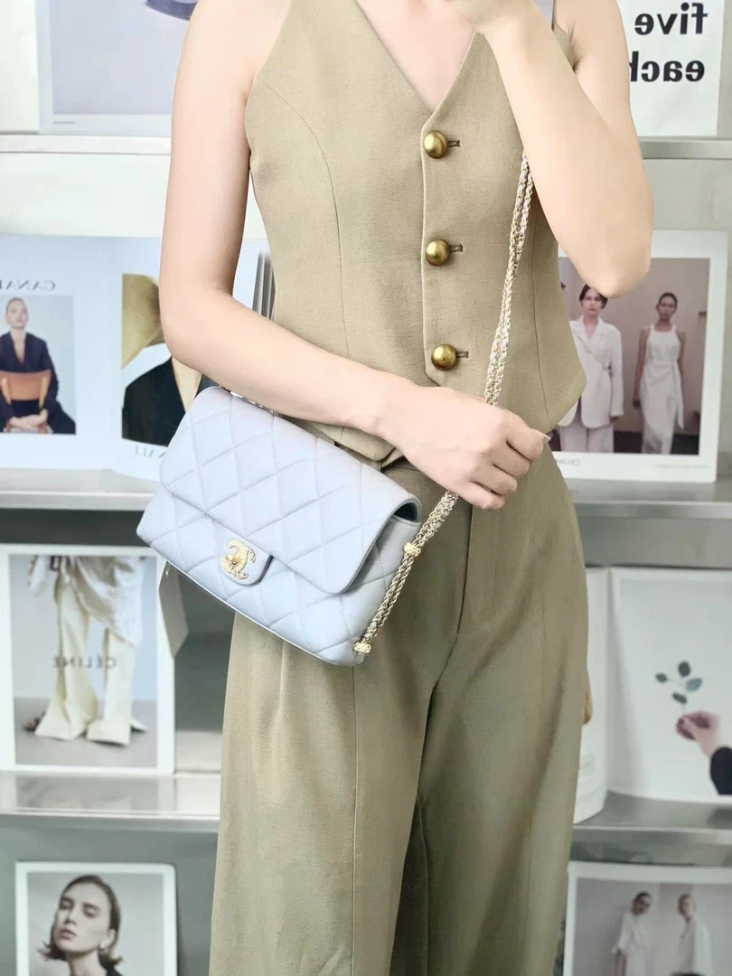 99新 Chanel/香奈儿 香奈儿 21珍珠鸳鸯扣链条包灰色/优品