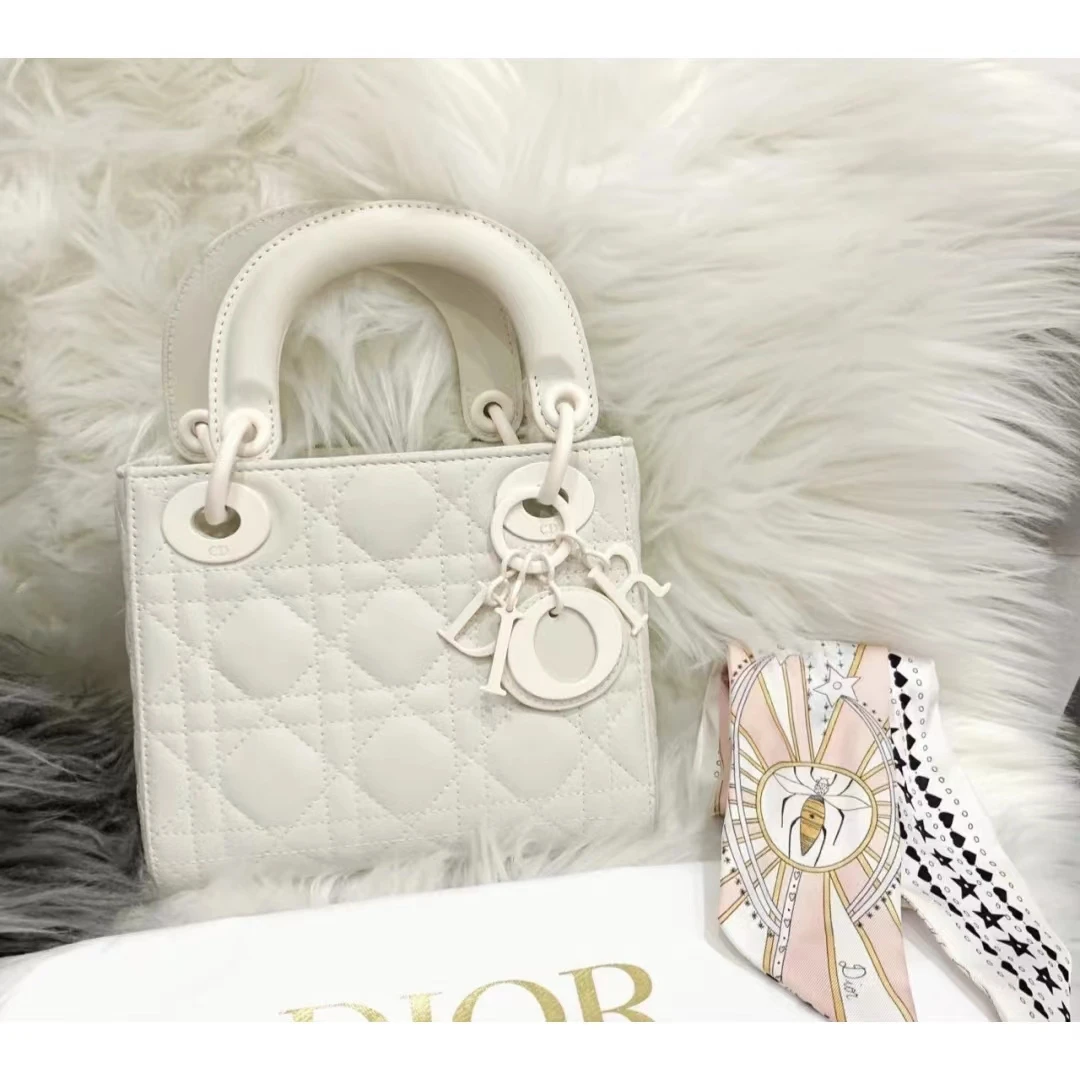 99新 DIOR/迪奥 dior戴妃三格磨砂白色单肩斜挎手提包/优品