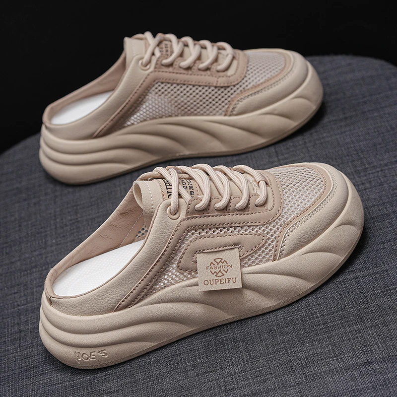 2025年新款夏季透气半托小白鞋女鞋厚底外穿懒人潮凉拖包头休闲鞋