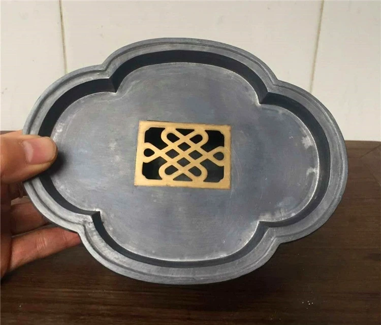 【点铜如意海棠形】17×13×7厘米 复古锡茶船壶承干泡台 仿古色茶盘