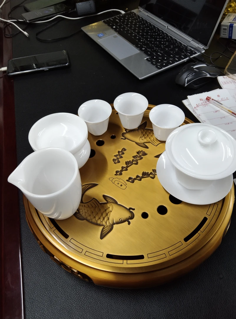 两用形纯铜双鱼茶盘33cm干泡台储水茶船(另附排水管)