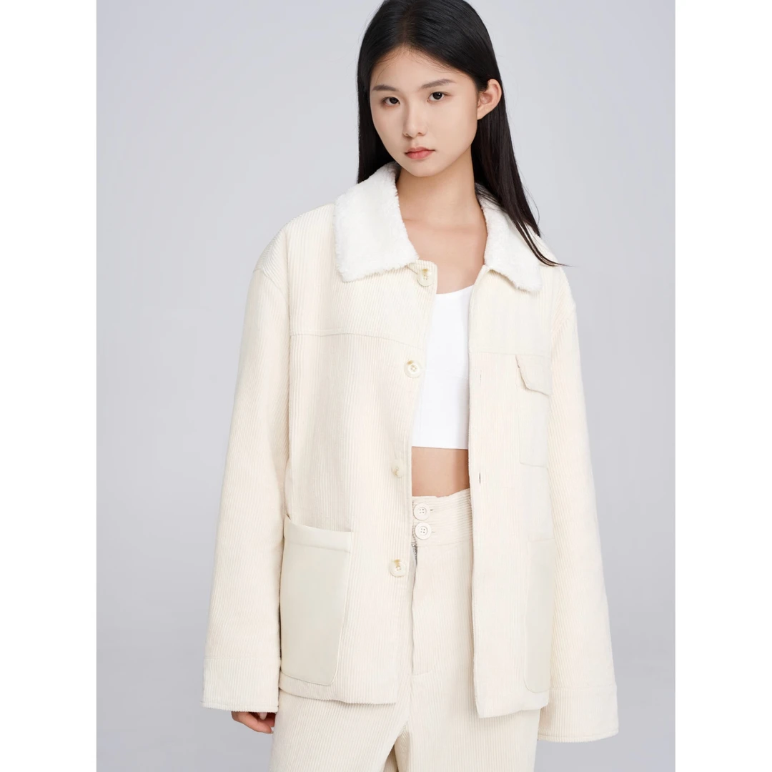 YOWSAH 高级奶油白灯芯绒羊羔毛翻领皮口袋棉服夹克外套