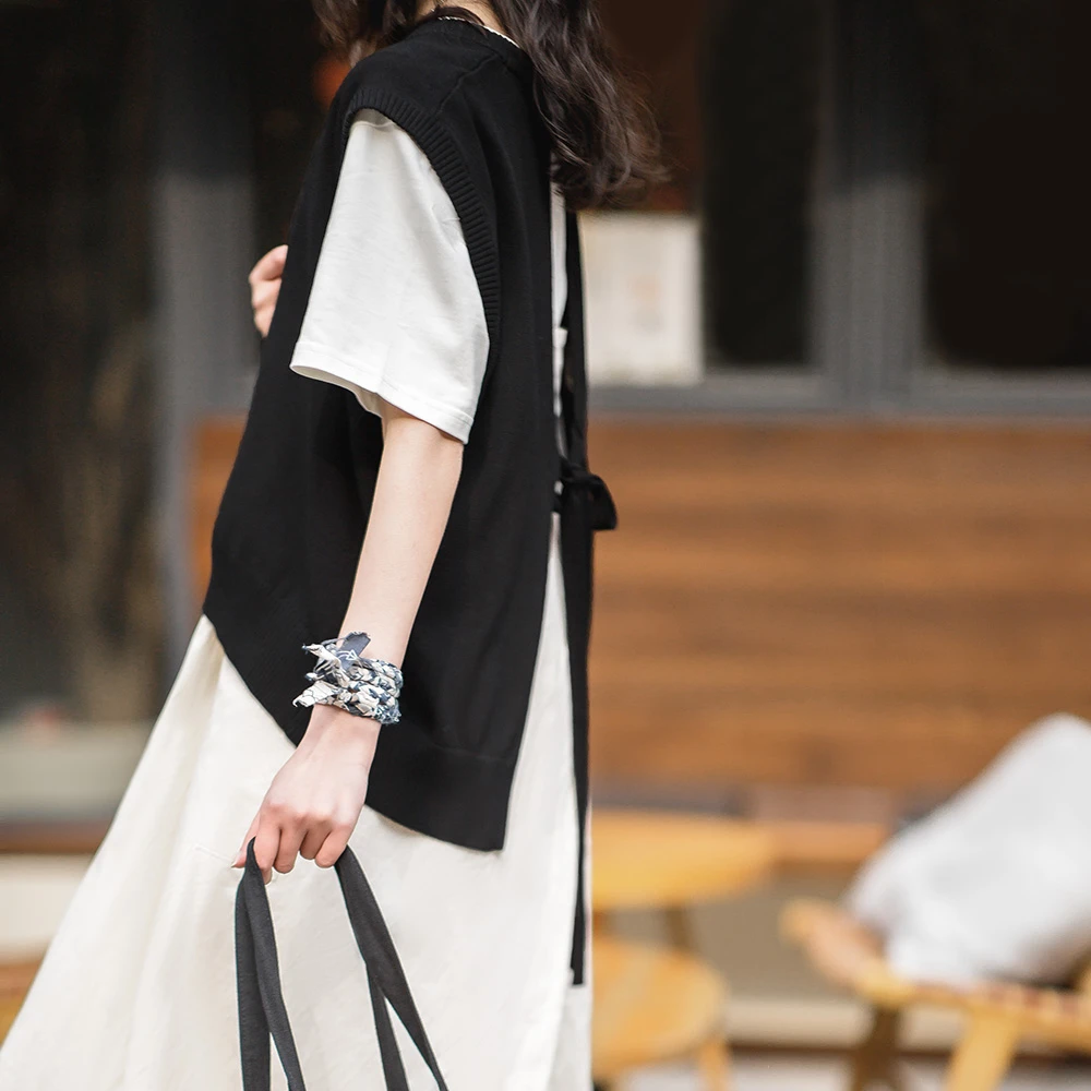 马登法式露背绑带叠穿针织马甲毛衣背心坎肩百搭上衣宽松显瘦秋女