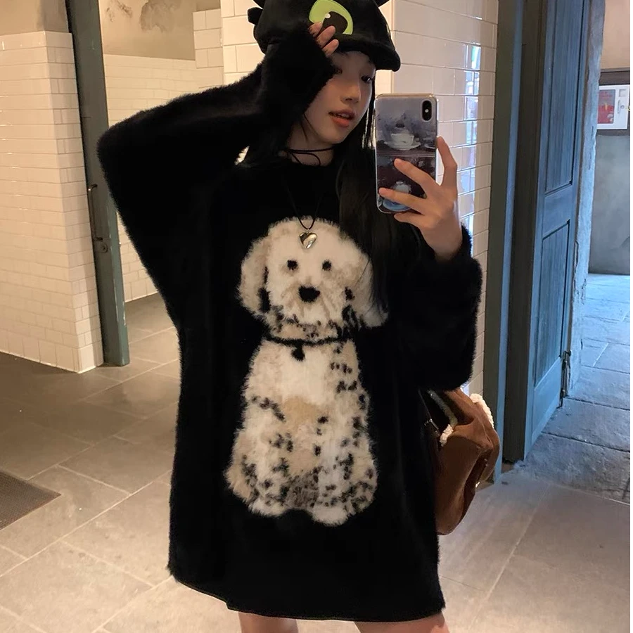 新款秋冬韩系慵懒风百搭宽松套头立领时尚黑色斑点狗针织衫上衣