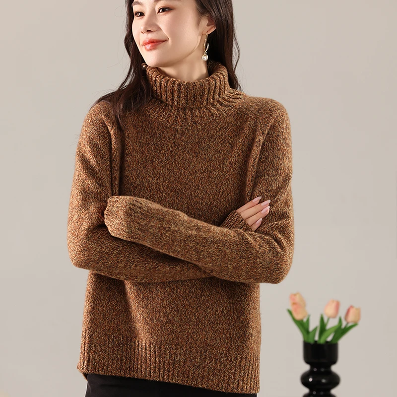 高端100%纯羊毛衫女复古花纱高领加厚宽松慵懒秋冬毛衣针织打底衫