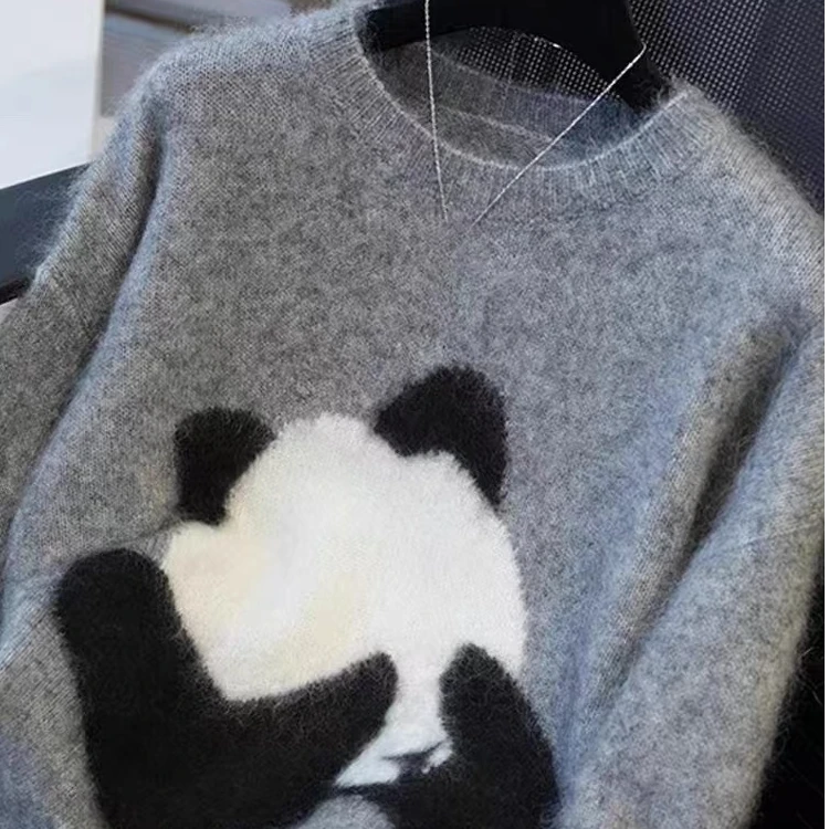 韩版宽松熊猫提花100%纯羊毛衫女圆领灰色加厚毛衣宽松慵懒针织衫