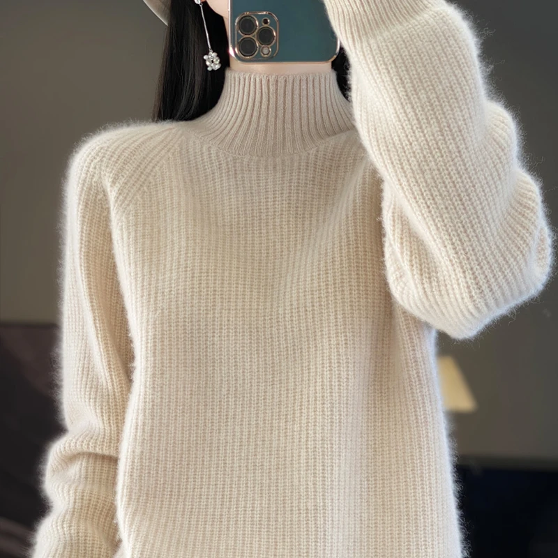 半高领套头毛衣女100%纯羊毛衫秋冬加厚宽松纯色保暖针织打底衫