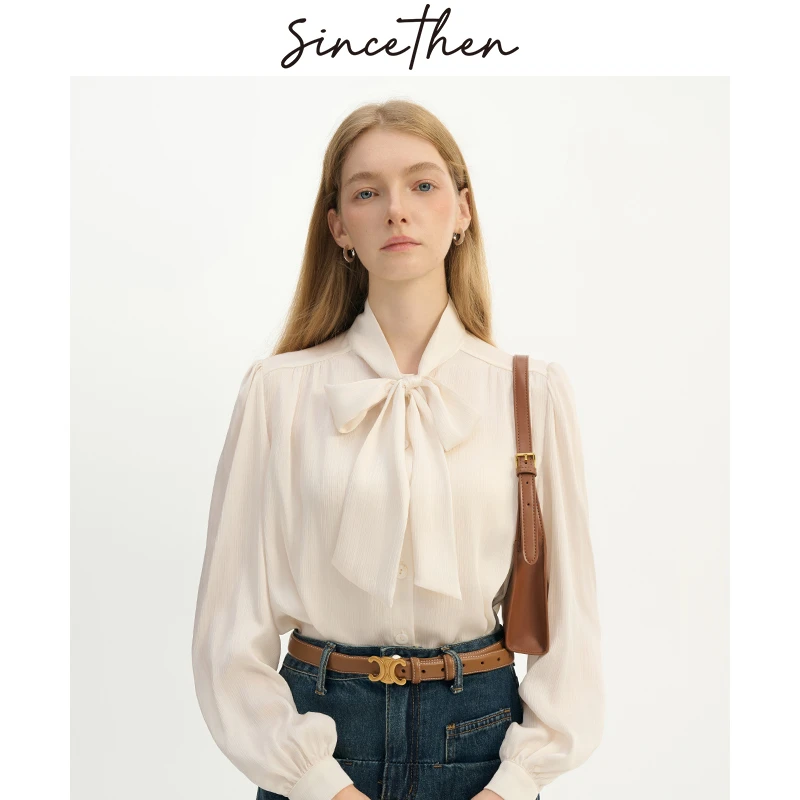 sincethen 蝴蝶结衬衫小香风雪纺衫飘带法式白上衣白色通勤衬衣女
