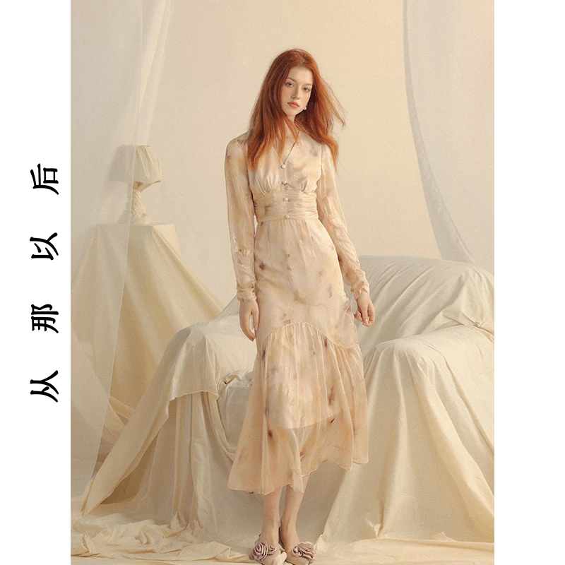 SINCE THEN花影微醺法式碎花裙雪纺裙子礼服长裙高级感连衣裙秋冬