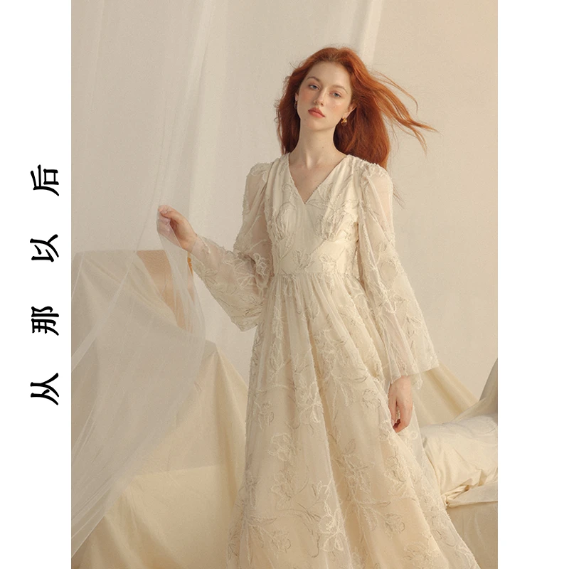 SINCE THEN仙欲鸢尾法式碎花裙仙女裙子礼服长裙喇叭袖连衣裙秋冬