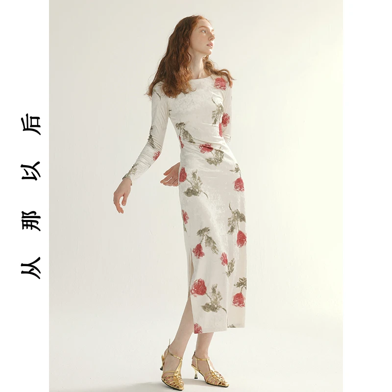 SINCE THEN新中式碎花旗袍裙秋冬丝绒长裙礼服裙子长袖连衣裙女秋