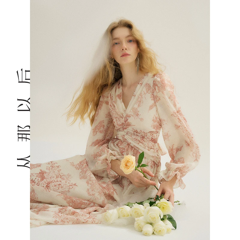 SINCE THEN宽松连衣裙印花甜美仙女裙气质长裙长袖法式裙子女春夏