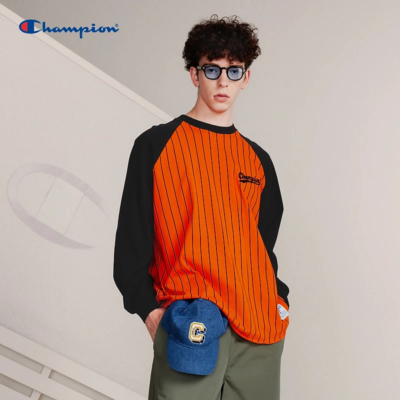 Champion冠军长袖T恤刺绣logo插肩袖圆领套头运动时尚休闲拼接