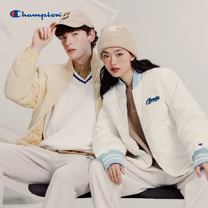 Champion保暖菱格纹棒球式羽绒服外套时尚休闲流光风运动宽松立领