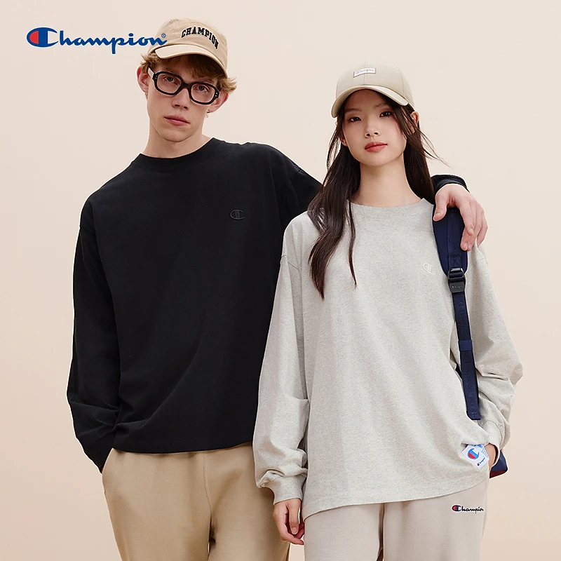Champion冠军情侣款长袖运动风刺绣logo圆领T恤宽松纯色打底spk