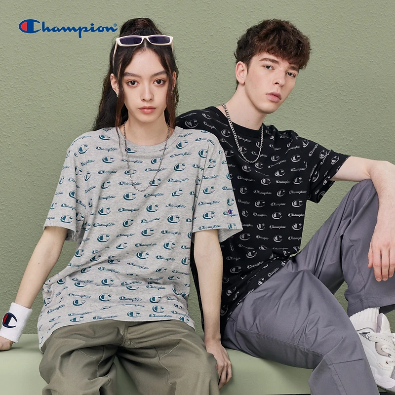 Champion冠军2023年春夏新款满印logo休闲时尚圆领T恤男 UM-XSS11