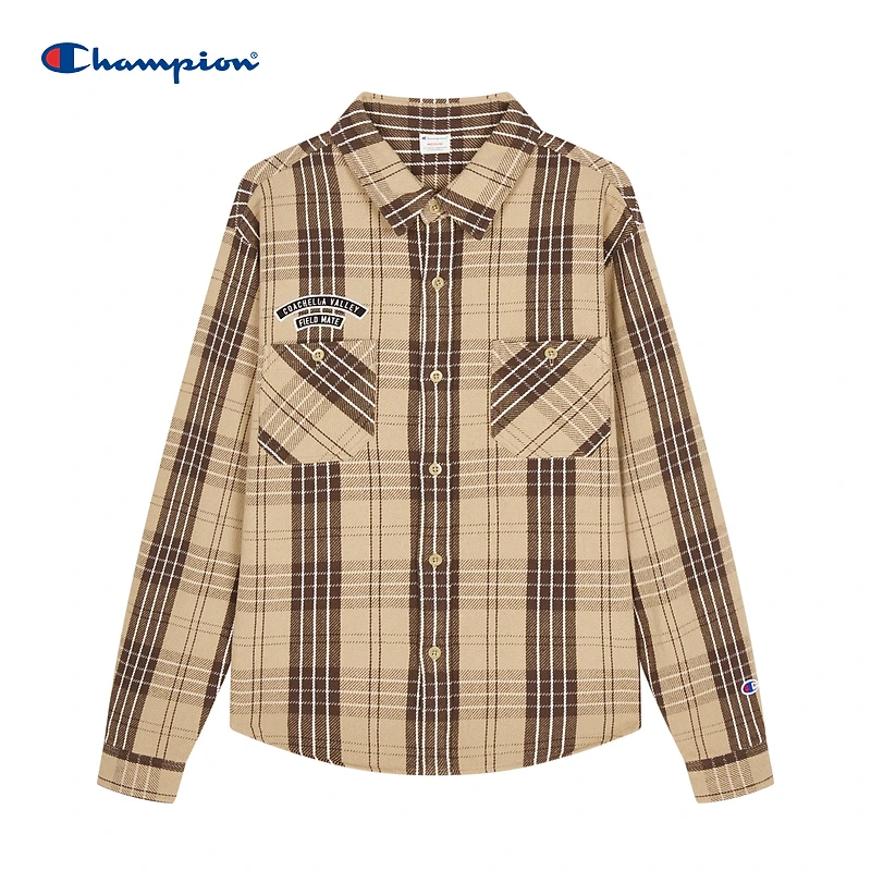 Champion刺绣徽标格纹长袖衬衫时尚休闲百搭经典翻领梭织运动潮流