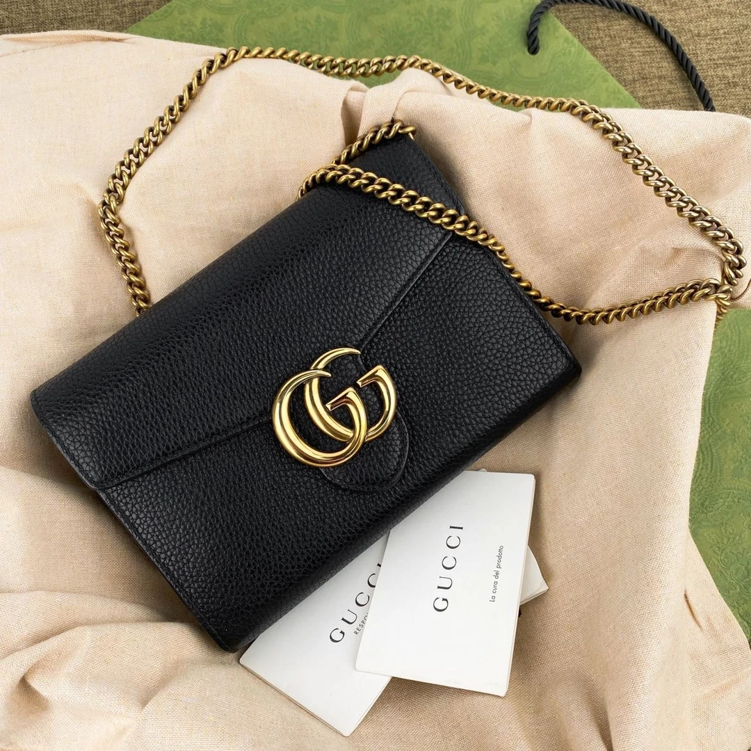 99新 GUCCI/古驰 黑色牛皮双GMarmont链条信封包